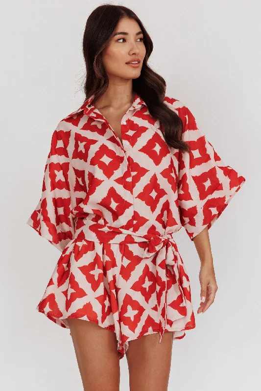 Long - Sleeve Casual Dresses in Lightweight Fabrics Daytona Beach Button-Up Romper Print Burgundy Long - Sleeve Casual Dresses in Lightweight Fabrics Daytona Beach Button-Up Romper Print Burgundy