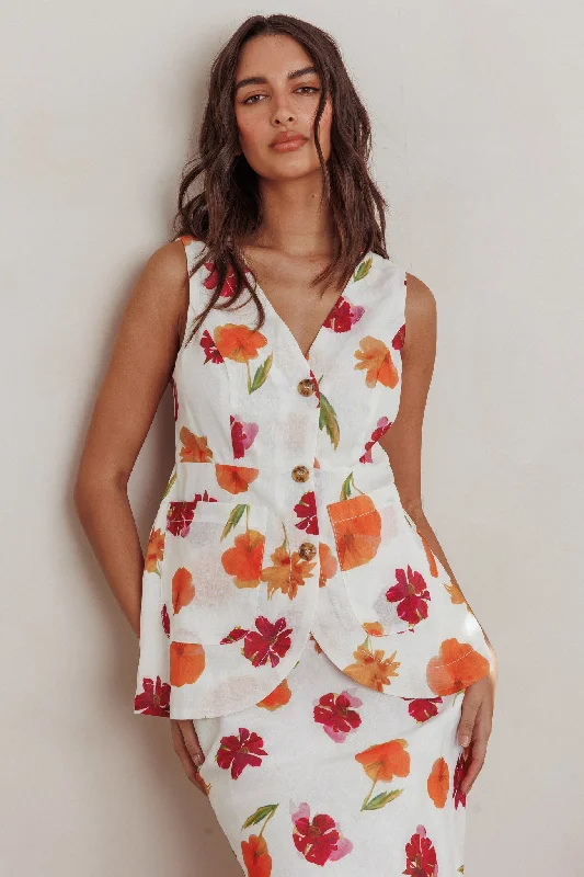 Smocked Waist Casual Dresses for Comfort​ Philomena Button Front Pocket Vest Top Floral Orange Multi