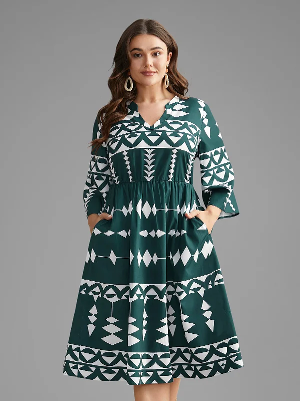 Upcycled Casual Dresses for an Eco - Conscious Choice Geometric Pattern Elastic Waist Midi Dress Upcycled Casual Dresses for an Eco - Conscious Choice Geometric Pattern Elastic Waist Midi Dress