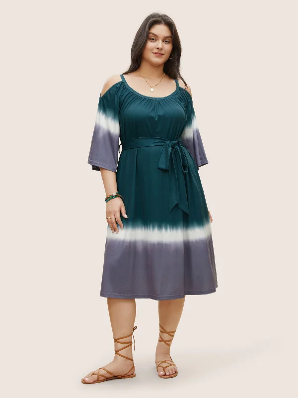 Drawstring - Waist Casual Dresses for Adjustable Tightness Tie Dye Gathered Cold Shoulder Belted Dress Drawstring - Waist Casual Dresses for Adjustable Tightness Tie Dye Gathered Cold Shoulder Belted Dress