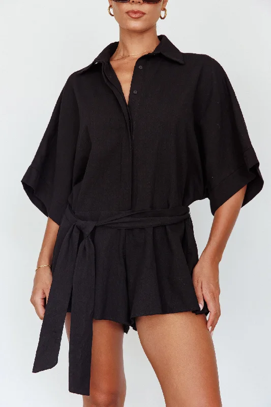Embroidered Casual Dresses with Intricate Designs Daytona Beach Button-Up Romper Black Embroidered Casual Dresses with Intricate Designs Daytona Beach Button-Up Romper Black