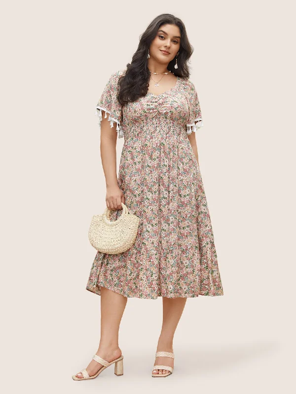 Hypoallergenic Casual Dresses for Sensitive Skin Ditsy Floral Tassels Gathered Shirred Dress Hypoallergenic Casual Dresses for Sensitive Skin Ditsy Floral Tassels Gathered Shirred Dress