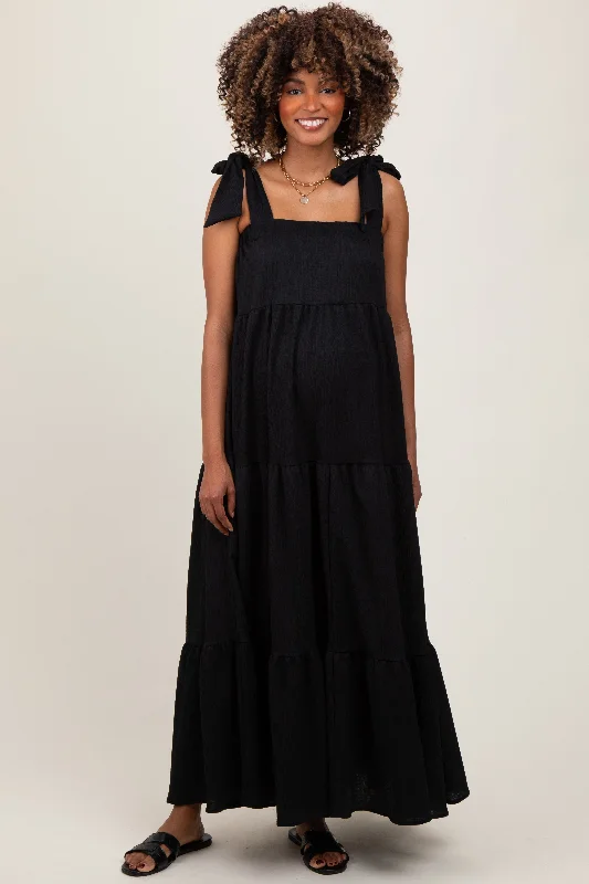 Petite - Sized Casual Dresses for Smaller Frames Black Shoulder Tie Tiered Maternity Maxi Dress Petite - Sized Casual Dresses for Smaller Frames Black Shoulder Tie Tiered Maternity Maxi Dress