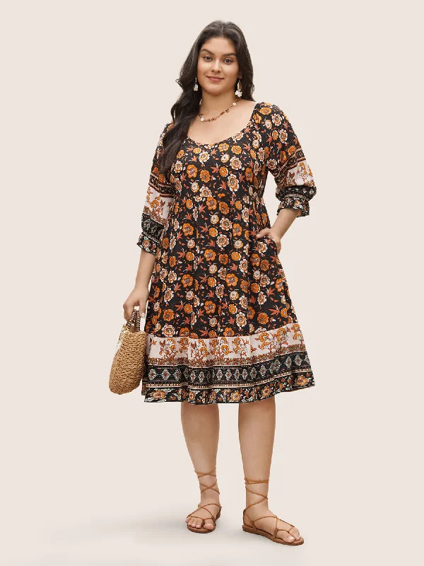 Floral Printed Casual Dresses for Summer Bandana Print Square Neck Pocket Ruffle Sleeve Dress Floral Printed Casual Dresses for Summer Bandana Print Square Neck Pocket Ruffle Sleeve Dress