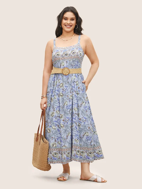 Work - from - Home Casual Dresses for Comfort and Style Floral Elastic Waist Adjustable Straps Cami Dress Work - from - Home Casual Dresses for Comfort and Style Floral Elastic Waist Adjustable Straps Cami Dress