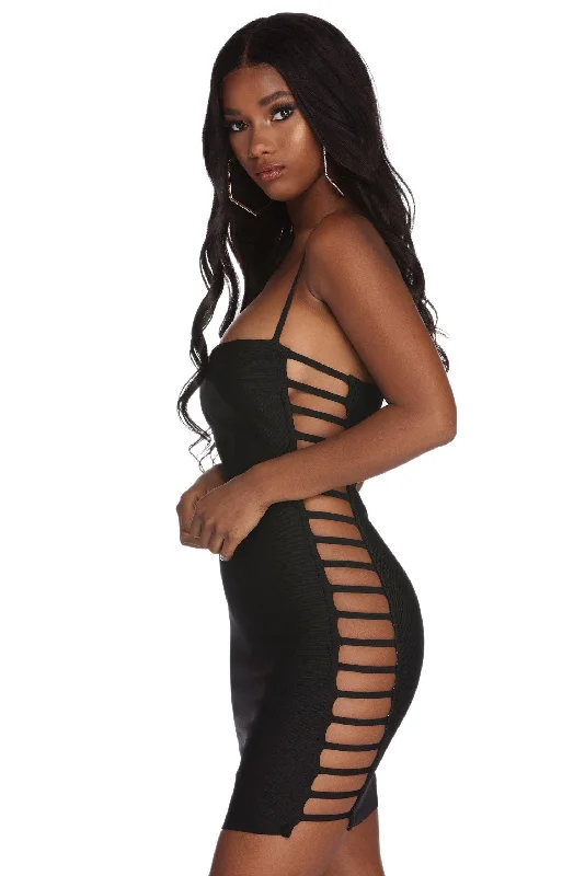 Mini dresses with asymmetric hems for a fashion - forward look Cut To The Chase Bandage Dress