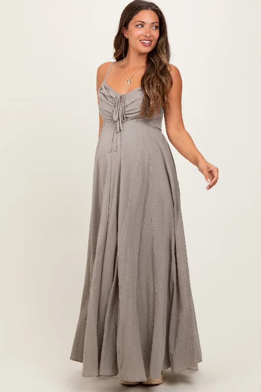 Recycled - Material Casual Dresses for Sustainability Light Olive Gathered Tie Front Maternity Maxi Dress Recycled - Material Casual Dresses for Sustainability Light Olive Gathered Tie Front Maternity Maxi Dress