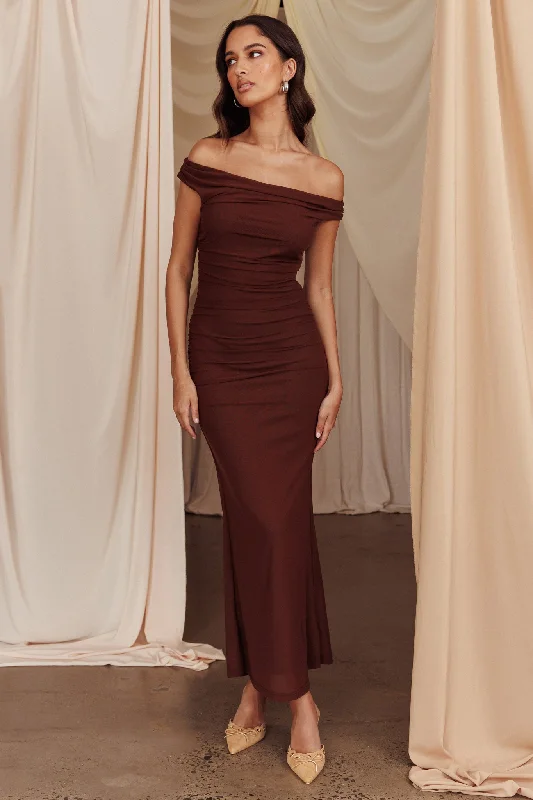Travel - Friendly Casual Dresses for Comfort on the Go In Blooms Off Shoulder Mesh Midi Dress Brown Travel - Friendly Casual Dresses for Comfort on the Go In Blooms Off Shoulder Mesh Midi Dress Brown