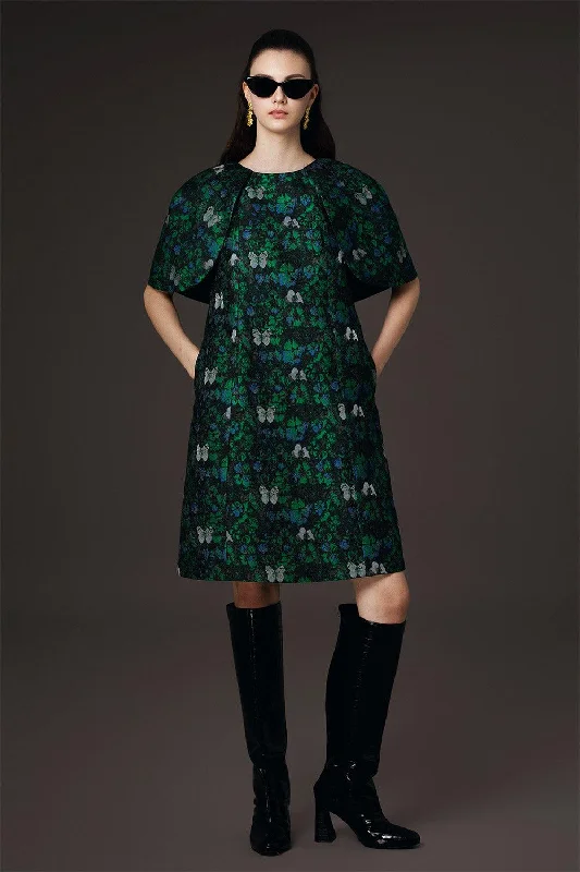 Knit Casual Dresses in Chunky Patterns​ Bruce Cape Jewel Neck Brocade Mini Dress