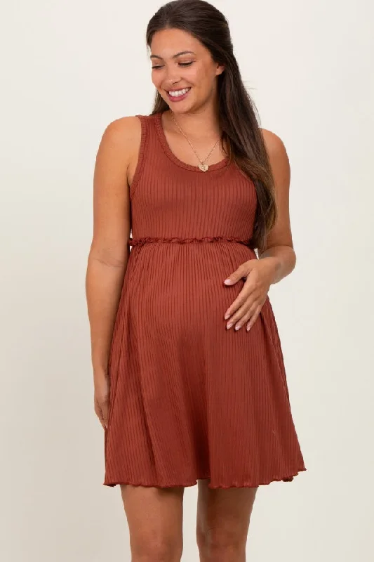Modal Casual Dresses in Smooth Textures Rust Ribbed Sleeveless Lettuce Trim Maternity Mini Dress Modal Casual Dresses in Smooth Textures Rust Ribbed Sleeveless Lettuce Trim Maternity Mini Dress