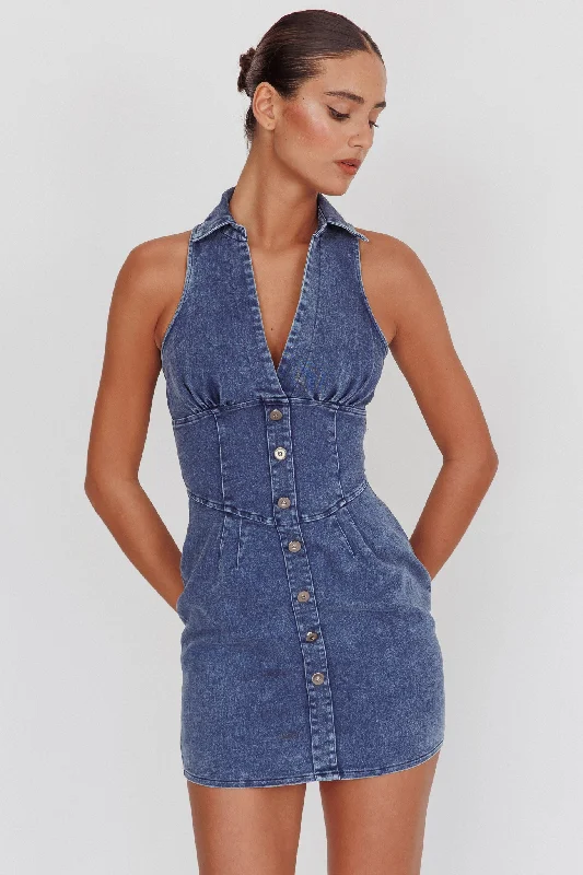 Washable Casual Dresses for Convenient Cleaning South Beach Faux Button Collared Dress Dark Denim Washable Casual Dresses for Convenient Cleaning South Beach Faux Button Collared Dress Dark Denim