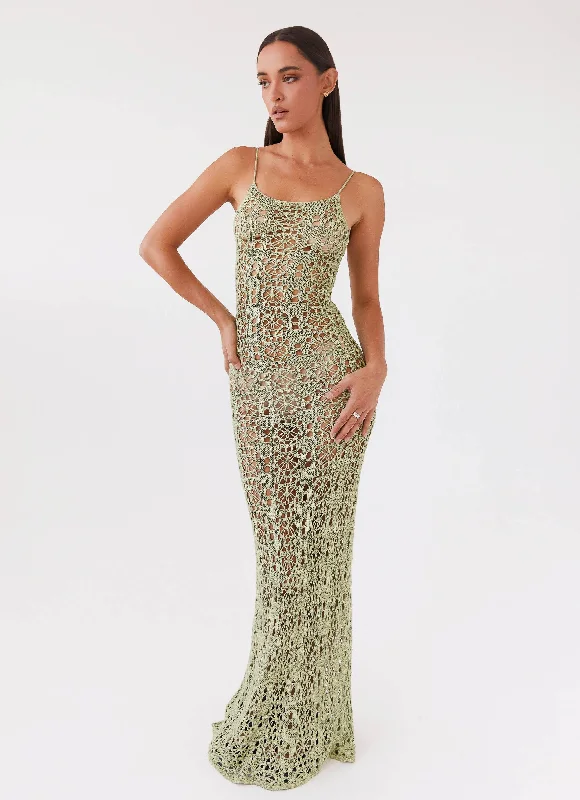 Faux Fur - Lined Casual Dresses for Winter Warmth​ Luxora Crochet Maxi Cami Dress - Light Olive