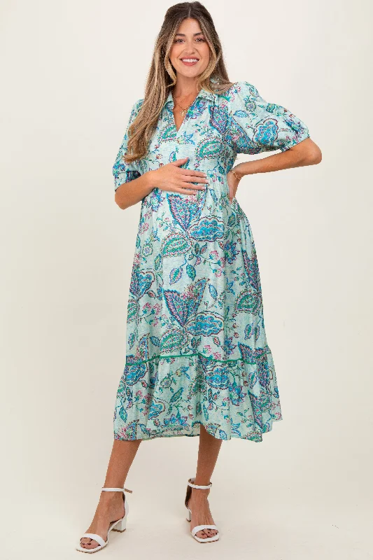 Drawstring - Waist Casual Dresses for Adjustable Tightness​ Aqua Paisley Collared Ruffle Hem Maternity Midi Dress