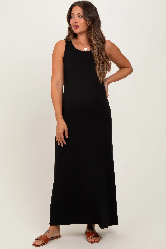Striped Casual Dresses in Cotton Blend Black Sleeveless Flared Scoop Neck Maternity Maxi Dress Striped Casual Dresses in Cotton Blend Black Sleeveless Flared Scoop Neck Maternity Maxi Dress