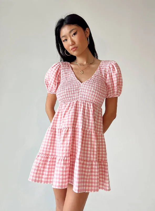 Mini dresses with V - necklines for a flattering shape Luna Love Mini Dress Pink Gingham Mini dresses with V - necklines for a flattering shape Luna Love Mini Dress Pink Gingham