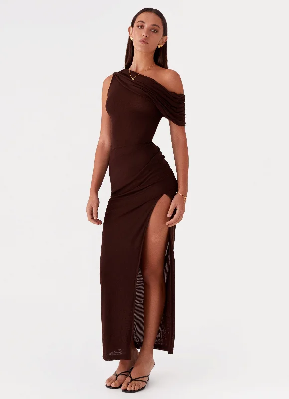 Smocked Waist Casual Dresses for Comfort Ciara One Shoulder Draped Maxi Dress - Chocolate Smocked Waist Casual Dresses for Comfort Ciara One Shoulder Draped Maxi Dress - Chocolate