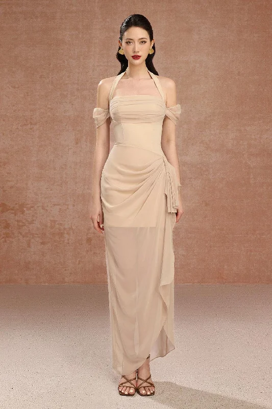 Smocked Waist Casual Dresses for Comfort​ June Halter Cold Shoulder Sleeved Twill Ankle Length Dress