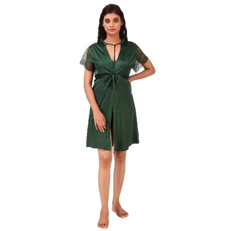 full coverage panty women bra and panty sets for modesty AXTZH-XNSS3P004 luxuriously Smooth satin Night Gown shorts set with soft lace Accents - 3 pcs set.