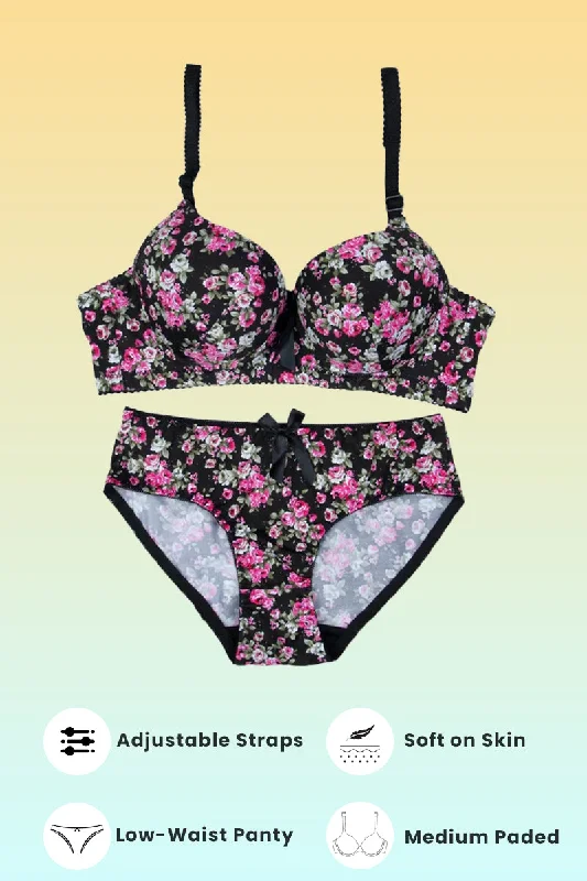 satin women bra and panty sets for a luxurious feel Black Floral Padded Set