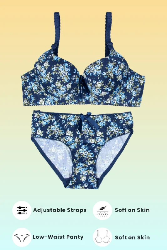 anniversary women bra and panty sets gifts Blue Floral Padded Set