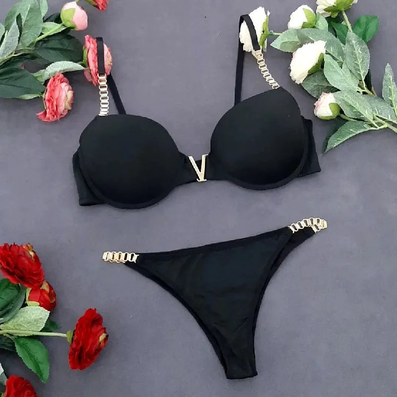 full coverage panty women bra and panty sets for modesty Flourish High Quality New Style Chain Straps Front Metal V buckel Bra & Panty Set 195