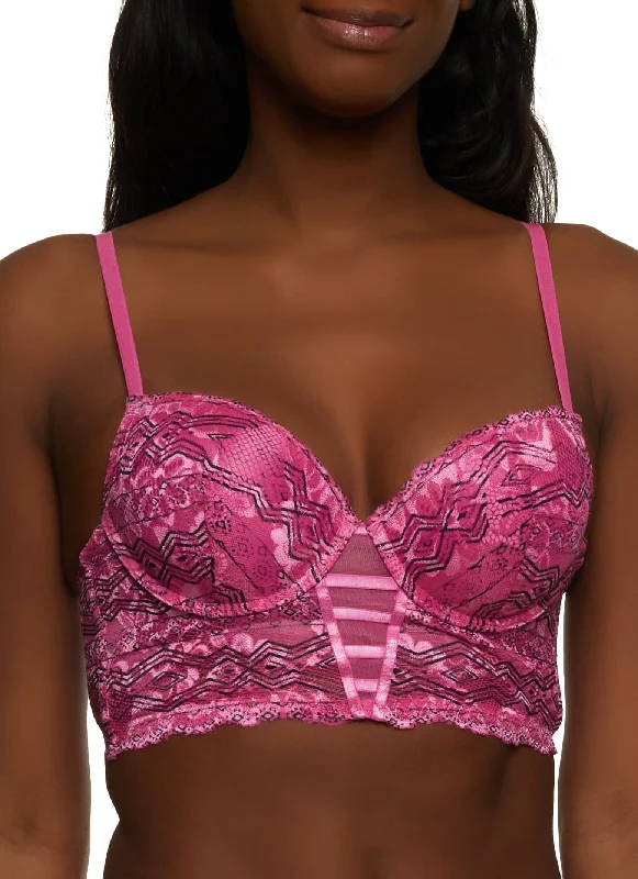 Vintage Inspired Lingerie for Women  Geo Print Caged Front Lace Longline Plunge Bra