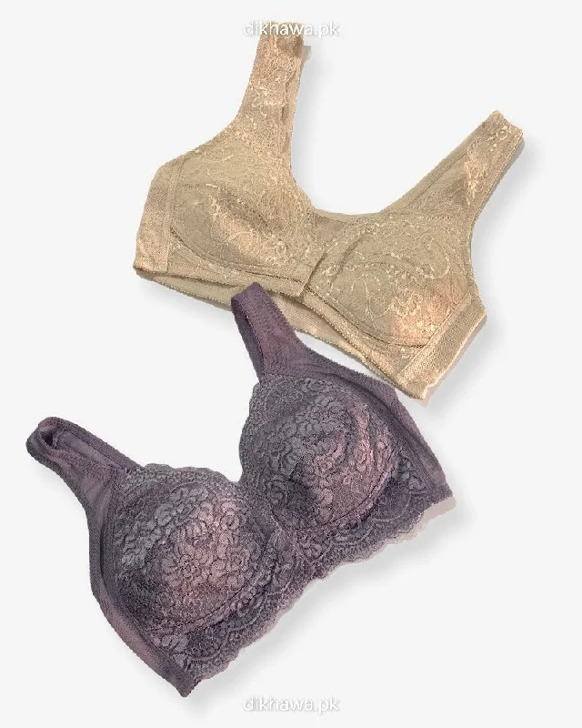 printed pattern women nursing bra Pack of 2 - Front Open Bra with Button - Non Padded  Non Wired Bra Imported Stocklot Branded Front Open Bra