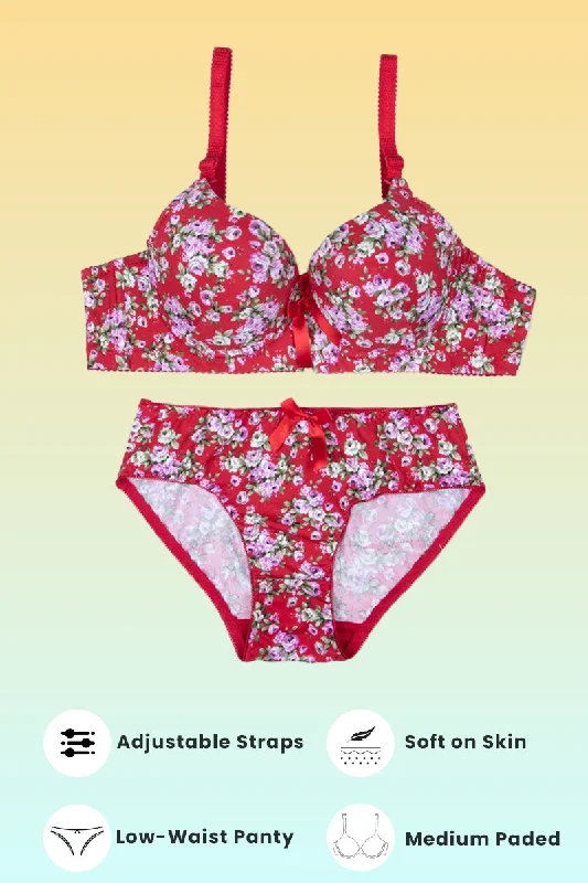 lace trimmed women bra and panty sets Red Floral Padded Set