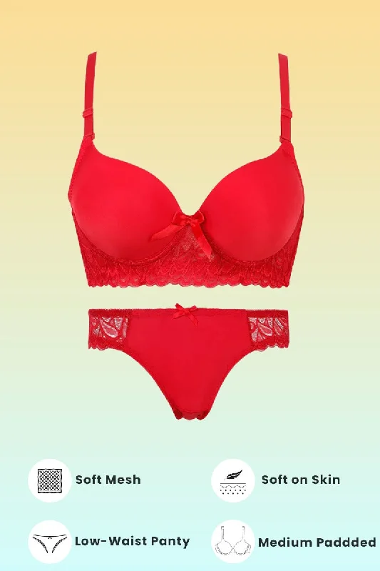 printed women bra and panty sets with floral patterns Red Laced Canna Padded Set