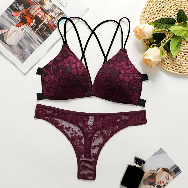 eco friendly women bra and panty sets made from sustainable materials Flourish Sexy Floral Lace Underwear Set Backless Front Closure Bra And Mesh Thong Lingerie Set For Women 3826