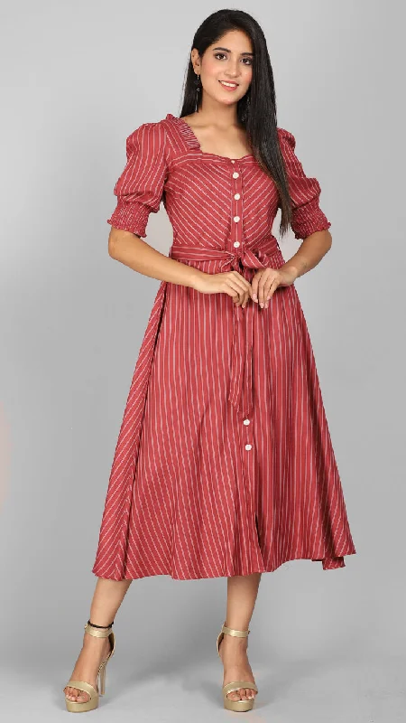 Plus Size Women Dress with a Flattering A - Line Cut for Comfort and Style Plus Size Women Dress with a Flattering A - Line Cut for Comfort and Style Brick stripe dress with ruffle neckline