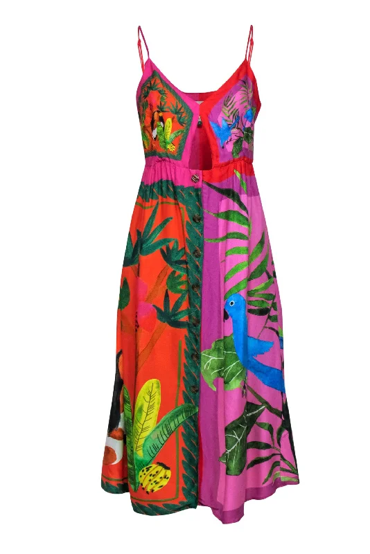 Halter Neck Women Dress to Show Off the Shoulders and Neckline Halter Neck Women Dress to Show Off the Shoulders and Neckline Farm - Purple & Multicolor Tropical Print Sleeveless Button-Up Midi Dress Sz M