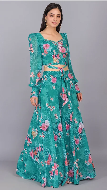 Wrap - Style Women Dress with Adjustable Fit for All Body Types Wrap - Style Women Dress with Adjustable Fit for All Body Types Floral Embroidered Puff Sleeves 2 Pcs