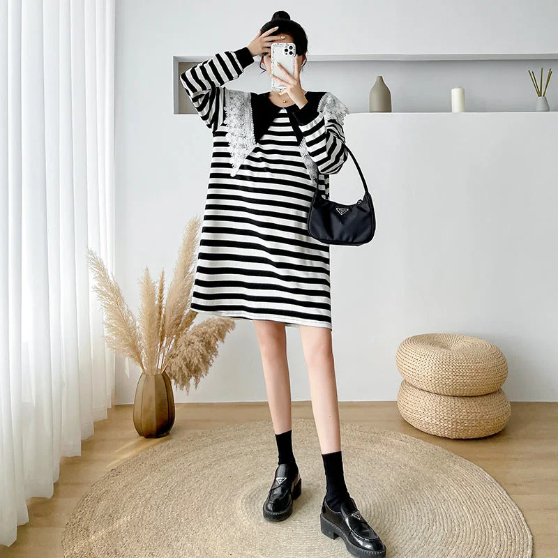 Long - Sleeve Women Dress in Velvet for a Luxurious Winter Look Long - Sleeve Women Dress in Velvet for a Luxurious Winter Look NiDELL Maternity Dress . Autumn Fashion Loose Dress Striped Lace Stitching Doll Collar Korean Style Maternity Dress