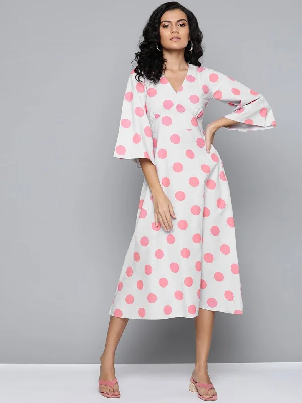 Ball Gown Women Dress with a Full Skirt for a Princess - like Look Ball Gown Women Dress with a Full Skirt for a Princess - like Look Pink & Grey Polka V-Neck Midi Dress