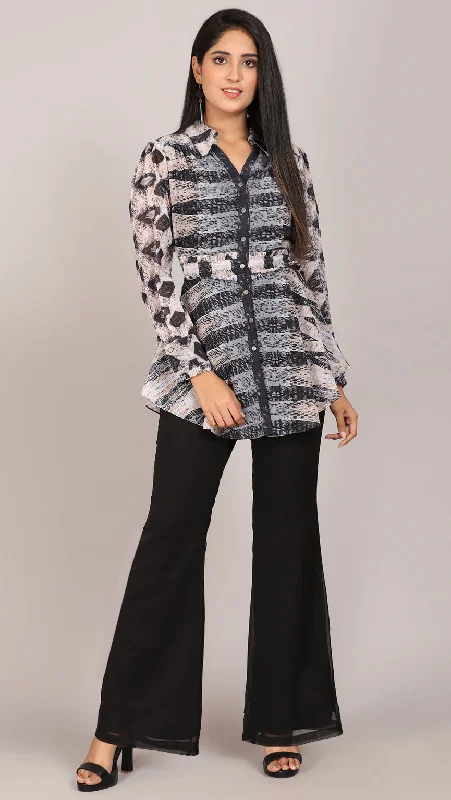 Empire Waist Women Dress to Accentuate the Bust and Conceal the Waist Empire Waist Women Dress to Accentuate the Bust and Conceal the Waist Printed shirt with bell bottom pant (set-2)