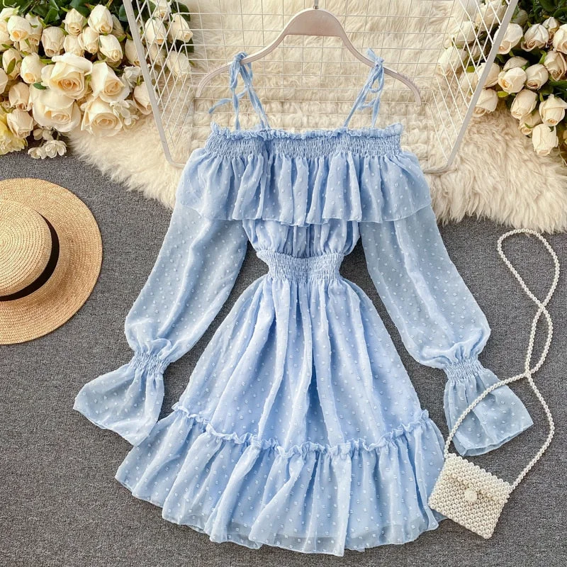 Lace - Embellished Women Dress for an Elegant and Sophisticated Appearance Lace - Embellished Women Dress for an Elegant and Sophisticated Appearance Sixsr  Spring Outfits Sexy ruffles Summer off shoulder short dress spaghetti strap Party elastic waist dress Women casual beach a-line dress