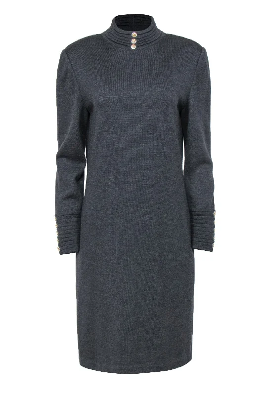 Off - the - Shoulder Women Dress for a Romantic and Feminine Look Off - the - Shoulder Women Dress for a Romantic and Feminine Look St. John - Dark Grey Mock Neck Midi Dress w/ Gold Buttons Sz 12