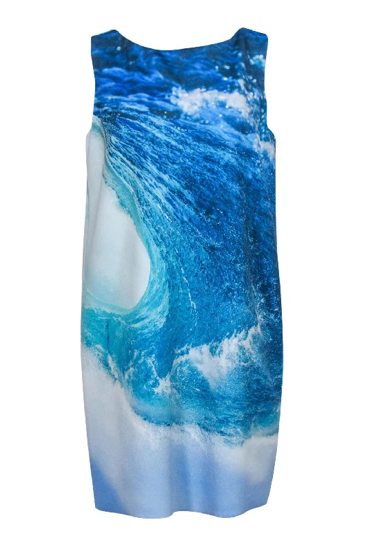 Pleated Women Dress with a Timeless and Elegant Texture Pleated Women Dress with a Timeless and Elegant Texture Theia - Blue Ocean Wave Print Mini Shift Dress Sz 12