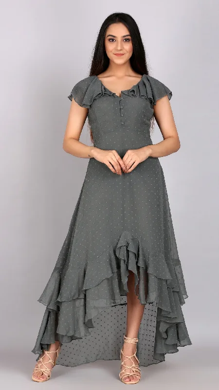 Maxi Women Dress with Floral Print for a Bohemian Vibe Maxi Women Dress with Floral Print for a Bohemian Vibe Asymmetric Seaweed Frill Dress