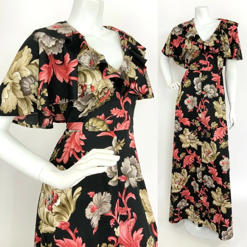 Ball Gown Women Dress with a Full Skirt for a Princess - like Look Ball Gown Women Dress with a Full Skirt for a Princess - like Look VTG 60s 70s BLACK BEIGE GREY PINK ART NOUVEAU FLORAL RUFFLE CAPE MAXI DRESS 10