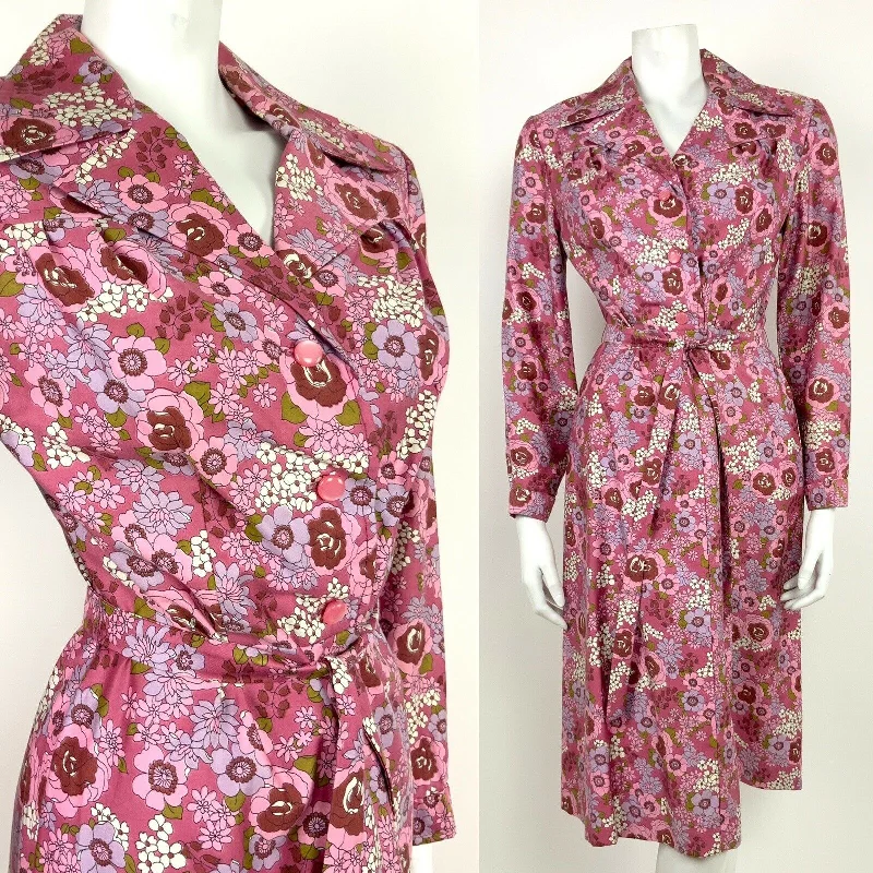 Pleated Women Dress with a Timeless and Elegant Texture Pleated Women Dress with a Timeless and Elegant Texture VTG 60s 70s PINK PURPLE GREEN WHITE FLORAL ROSE PSYCHEDELIC SHIRT DRESS 10 12