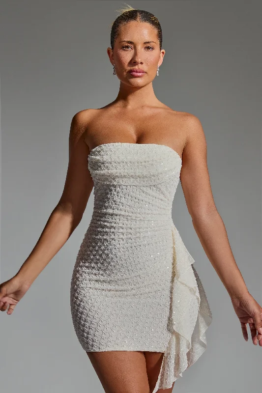 Lace - Embellished Women Dress for an Elegant and Sophisticated Appearance Lace - Embellished Women Dress for an Elegant and Sophisticated Appearance Embellished Ruffled Cowl-Neck Bandeau Mini Dress in White