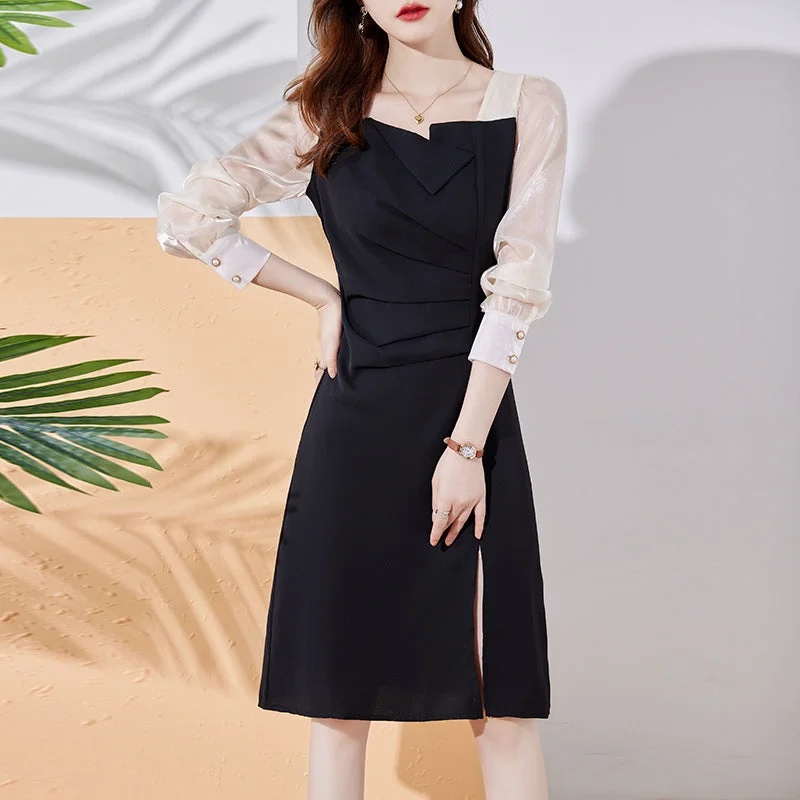 Off - the - Shoulder Women Dress for a Romantic and Feminine Look Off - the - Shoulder Women Dress for a Romantic and Feminine Look NiDELL French Hepburn Style Dress Women's Clothing . New Long Sleeve Split Black Dress Waist Slimming Temperament Group
