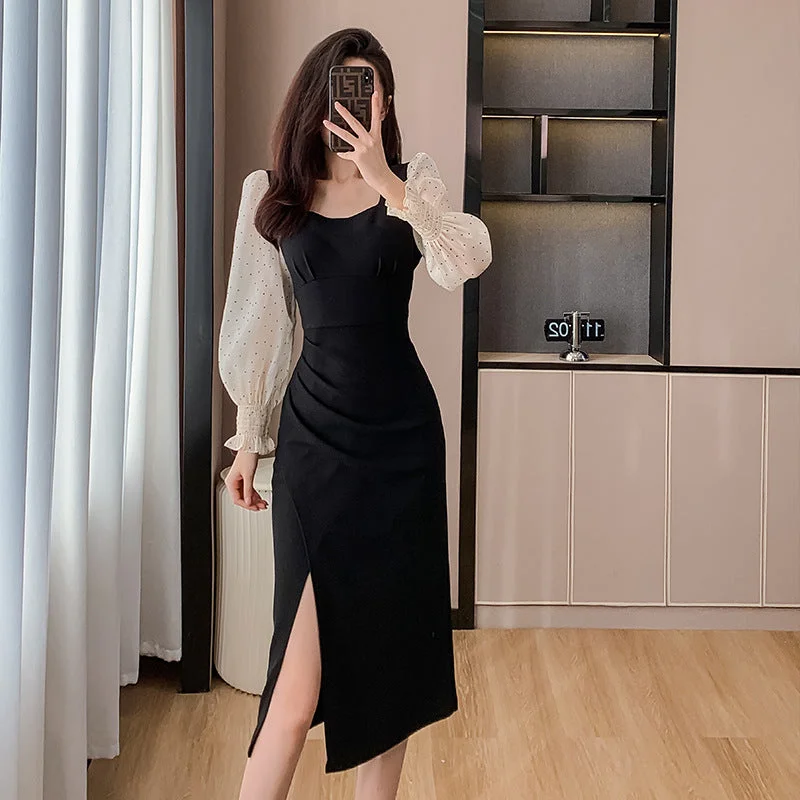 Long - Sleeve Women Dress in Velvet for a Luxurious Winter Look Long - Sleeve Women Dress in Velvet for a Luxurious Winter Look NiDELL Socialite Temperament . Autumn New Square Collar Puff Sleeve Mesh Stitching Ruffle Split Sheath Mid-Length Dress Long - Sleeve Women Dress in Velvet for a Luxurious Winter Look Long - Sleeve Women Dress in Velvet for a Luxurious Winter Look NiDELL Socialite Temperament . Autumn New Square Collar Puff Sleeve Mesh Stitching Ruffle Split Sheath Mid-Length Dress