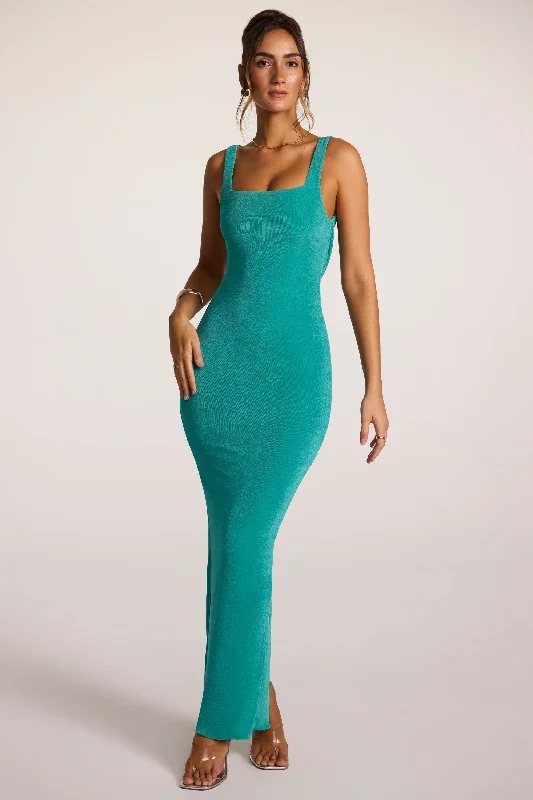 Mermaid - Style Women Dress with a Fitted Silhouette for Special Occasions Mermaid - Style Women Dress with a Fitted Silhouette for Special Occasions Textured Jersey Square Neck Cowl Back Maxi Dress in Teal Mermaid - Style Women Dress with a Fitted Silhouette for Special Occasions Mermaid - Style Women Dress with a Fitted Silhouette for Special Occasions Textured Jersey Square Neck Cowl Back Maxi Dress in Teal