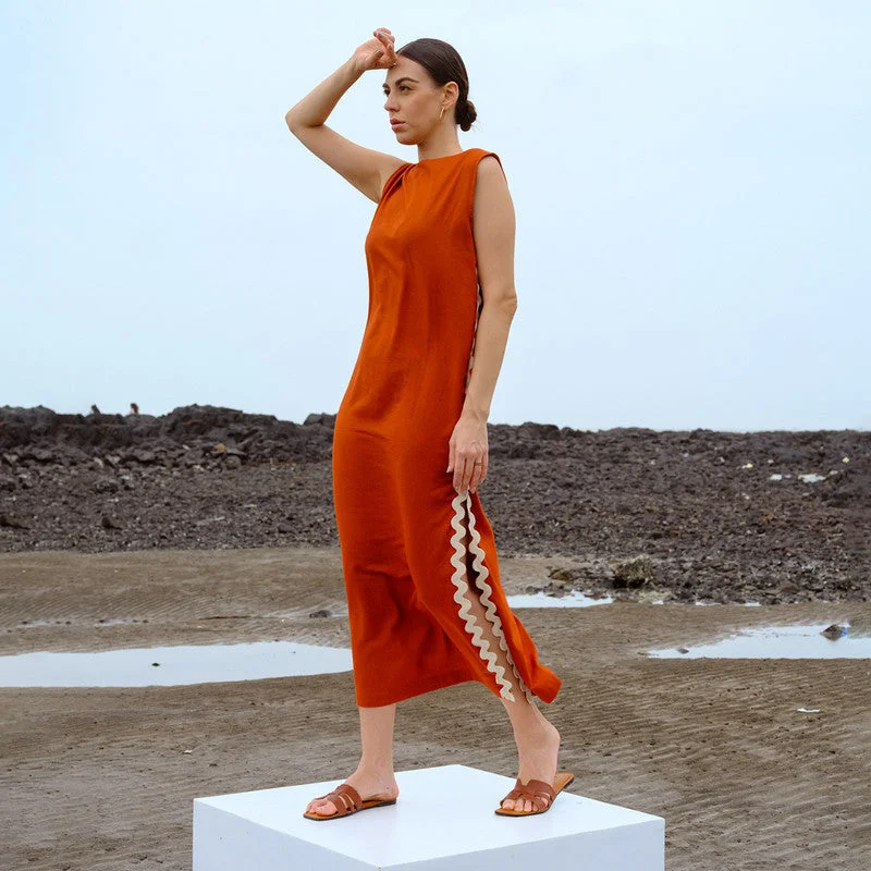 Pleated Women Dress with a Timeless and Elegant Texture Pleated Women Dress with a Timeless and Elegant Texture Linen Ankle-Length Dress for Women | Side Slit | Orange Pleated Women Dress with a Timeless and Elegant Texture Pleated Women Dress with a Timeless and Elegant Texture Linen Ankle-Length Dress for Women | Side Slit | Orange