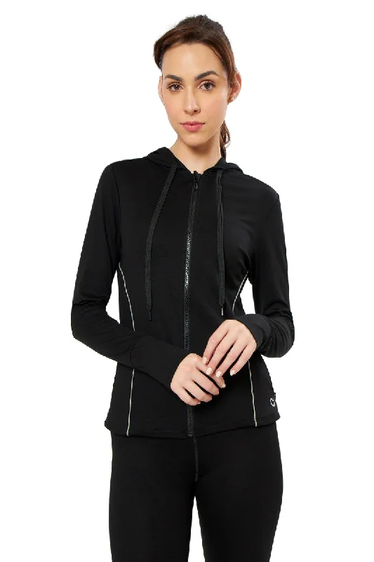 sleep women sport bra for comfortable rest Flaunt Hoodie Full Sleeve Active Jacket - Jet Black