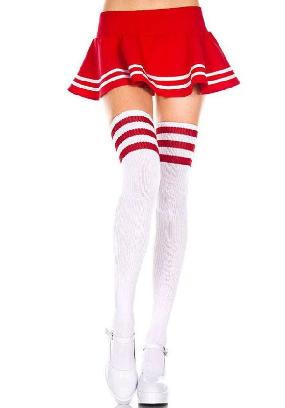 Cotton - blend stockings for breathability Athletic Striped [White/Red] | THIGH HIGHS