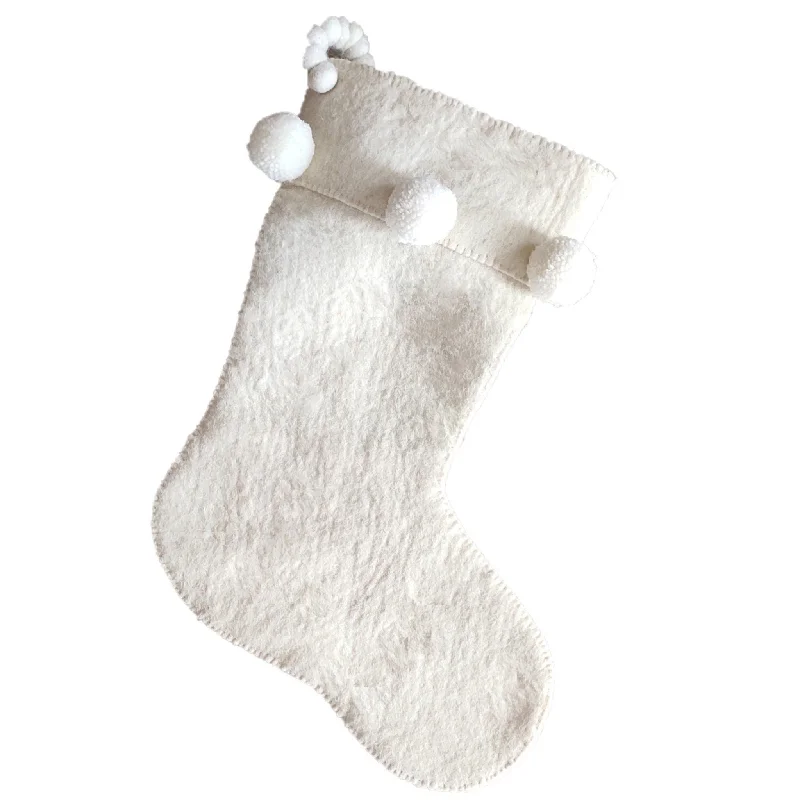 Cotton - blend stockings for breathability Cream Pom Pom Christmas Stocking in Hand Felted Wool Cotton - blend stockings for breathability Cream Pom Pom Christmas Stocking in Hand Felted Wool